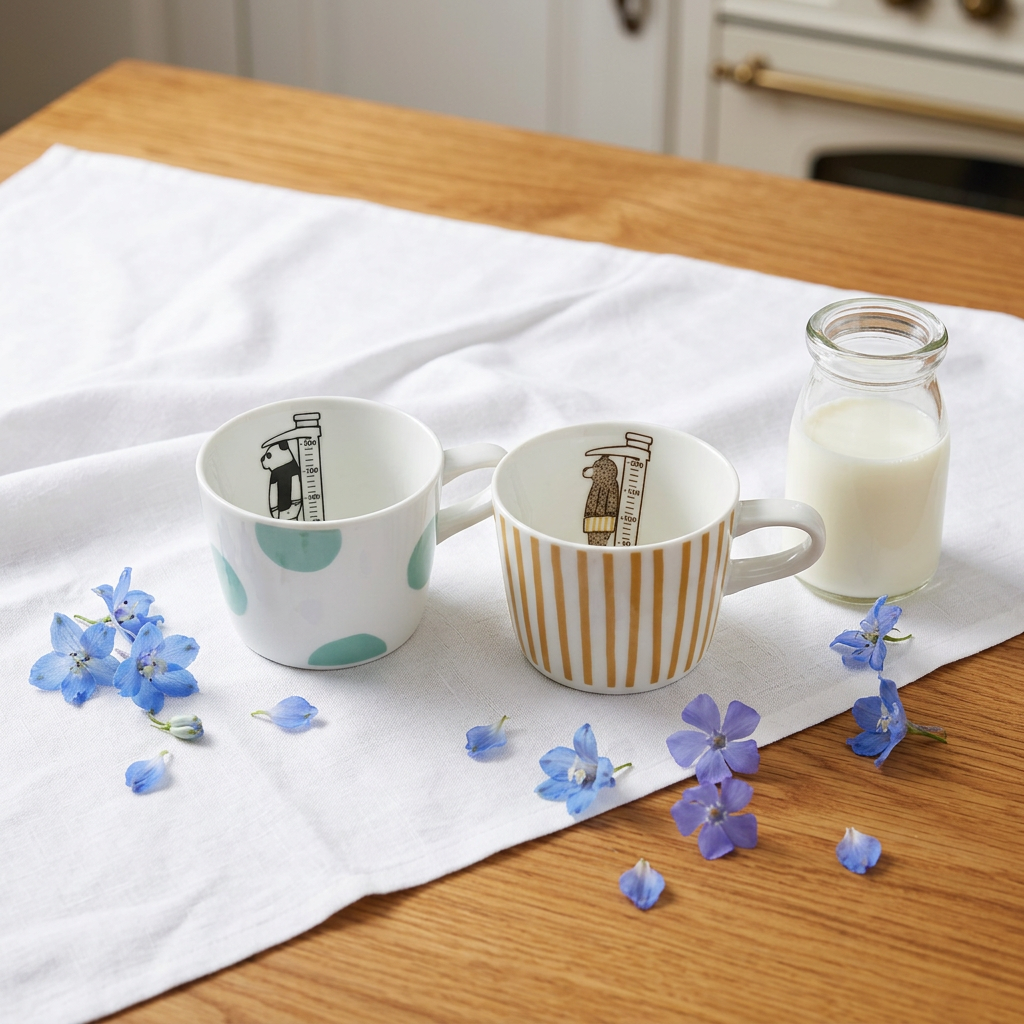 Two mugs with polka dot and striped patterns on a wooden table with a bottle of milk and blue flowers.