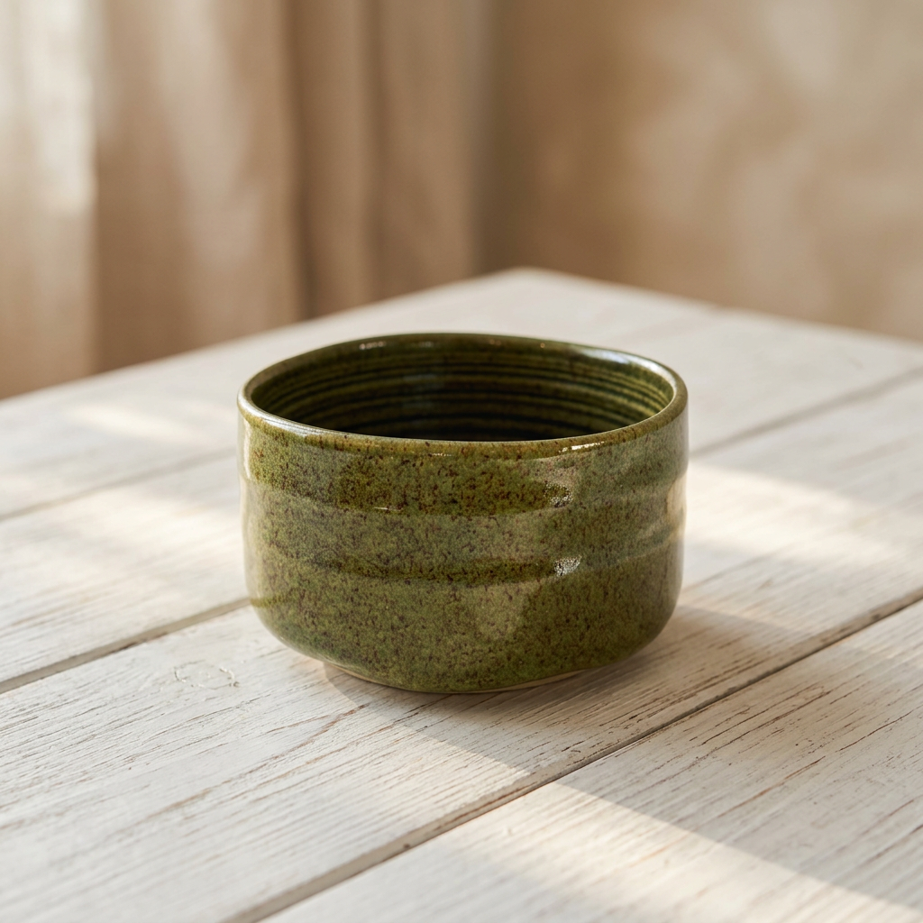 Green ceramic bowl on a wooden surface with a blurred background