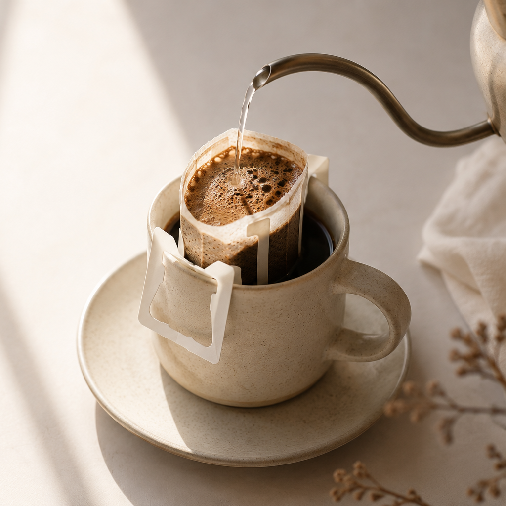 Drip coffee being poured into a cup on a white background.
