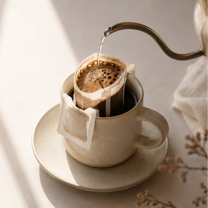 Drip coffee being poured into a cup on a white background.