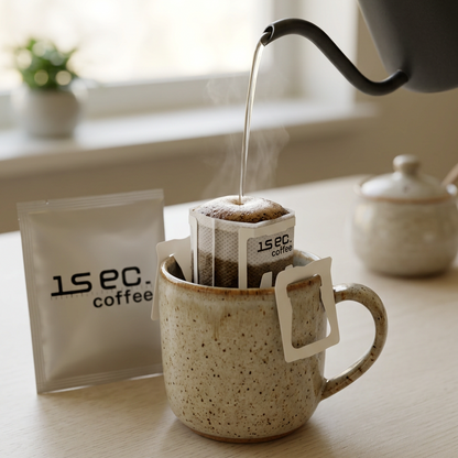 Steaming coffee being poured into a speckled mug with a coffee bag, on a light surface.
