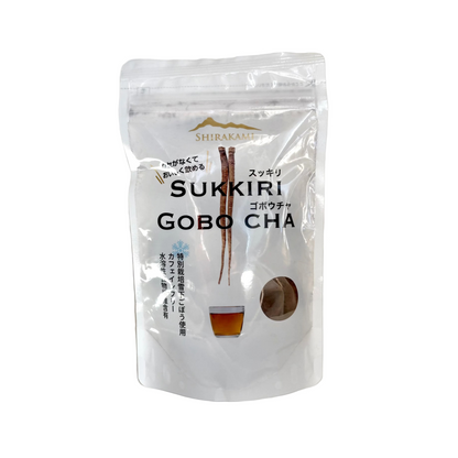 White packaging of Sukkiri Gobo Cha with branding on a white  background