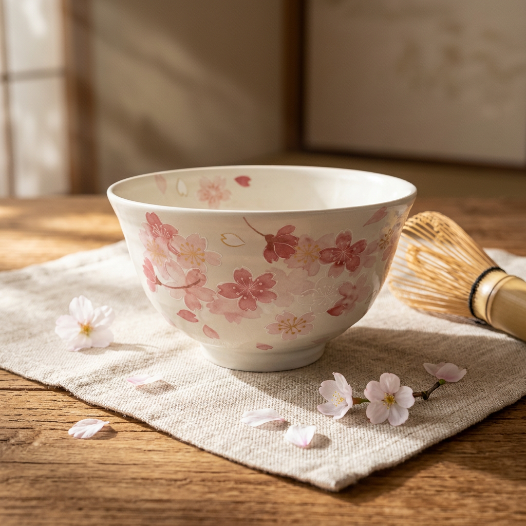 Matcha ceramic bowl with floral design on a wooden table with cherry blossoms