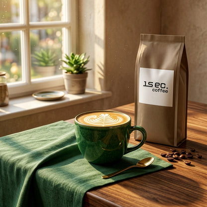 A brown coffee bag labeled 1sec.coffee stands on a wooden table beside a green ceramic cup of latte art and a green cloth, with coffee beans scattered nearby and a sunlit window in the background.