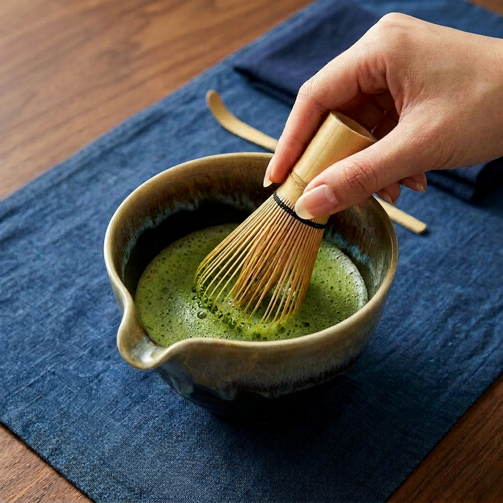 Hand whisking matcha green tea in a ceramic bowl with a wooden whisk on a blue cloth.