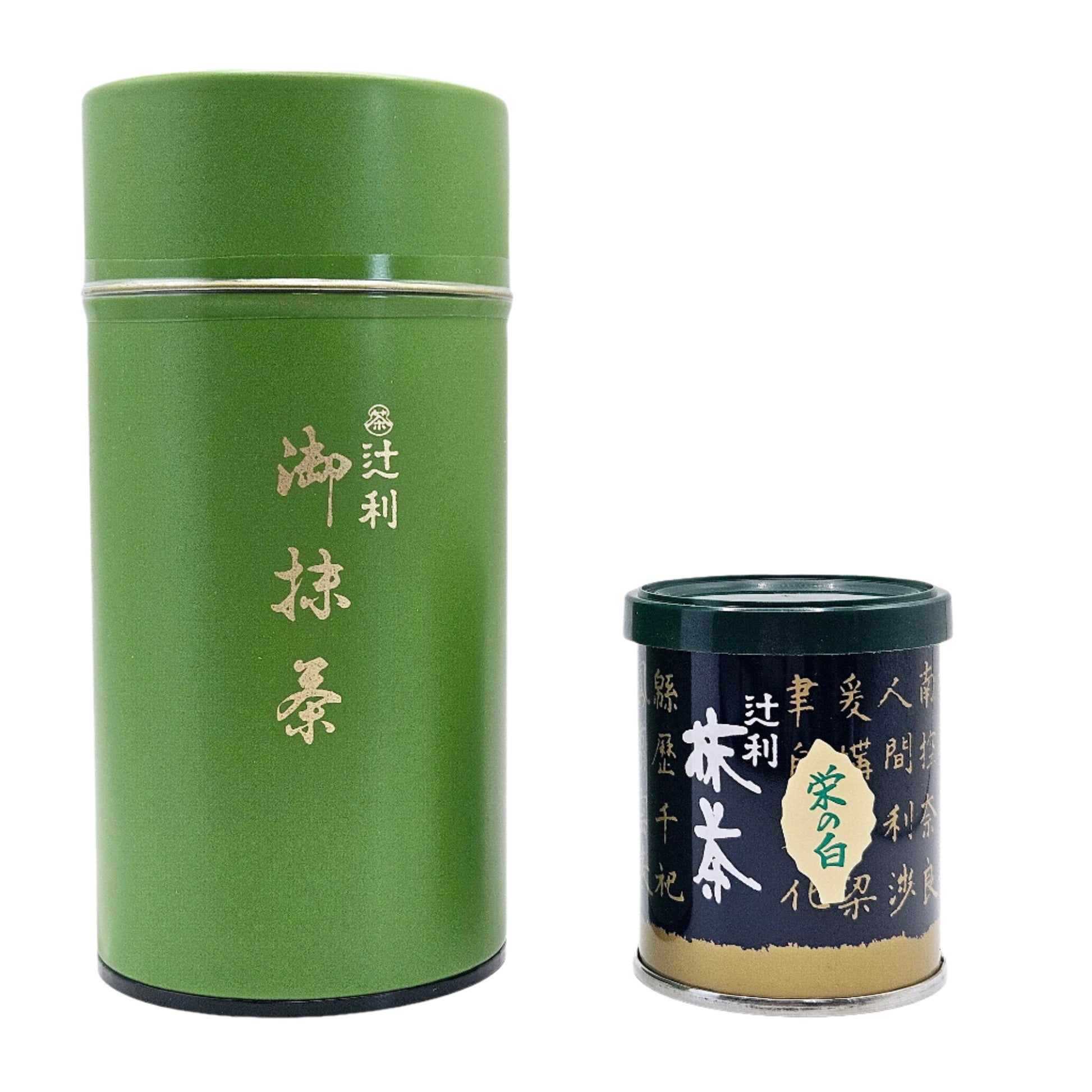 Two containers of matcha green tea powder by Tsujiri, one larger 150g green cylindrical container and a smaller blue and gold round 30g container, both with Japanese text.