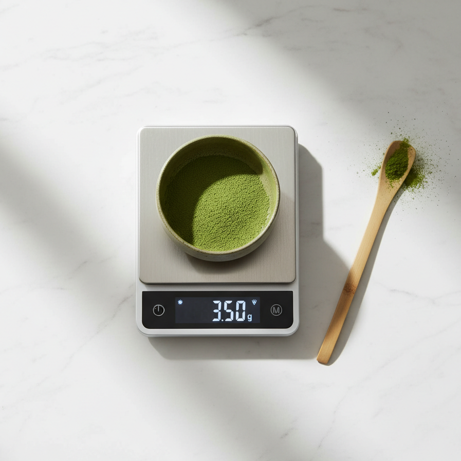 Digital kitchen scale with a bowl of green powder and a wooden spoon on a light surface